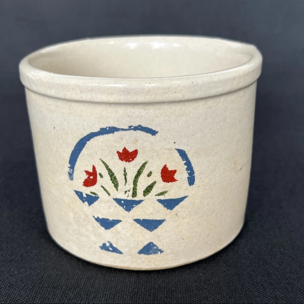 Vintage Robinson Ransbottom Pottery 1pint Crock Hand Painted Tulip Floral Basket
